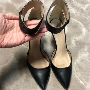 Black leather ankle wrap pump
